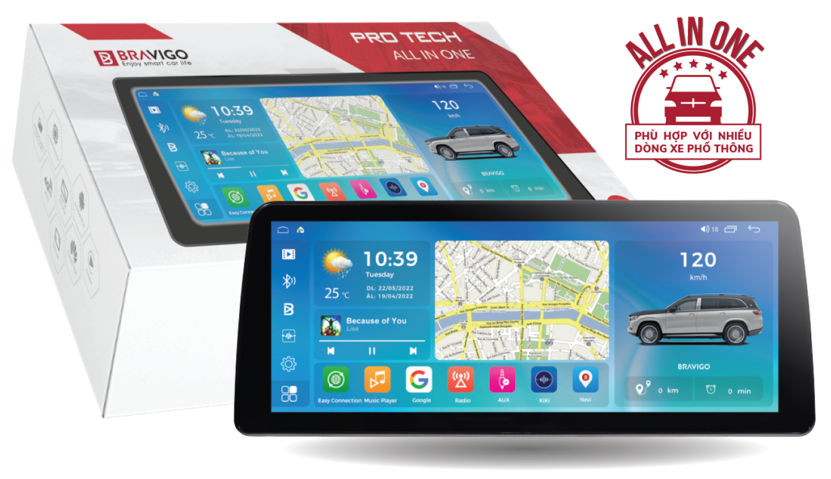 màn hình android ô tô BRAVIGO PRO TECH ALL IN ONE HÌNH VỚI BOX