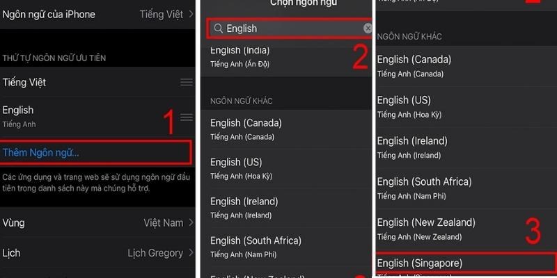 Chọn Thêm Ngôn ngữ -> Tìm English trên thanh tìm kiếm -> Chọn English
