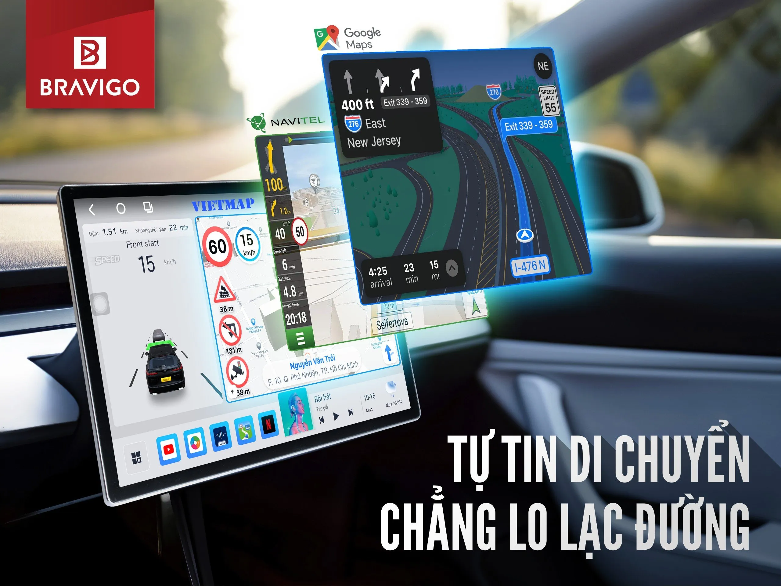 Màn hình Android ô tô hỗ trợ đầy đủ các ứng dụng bản đồ phổ biến như Google Maps, VietMap Live, Navitel