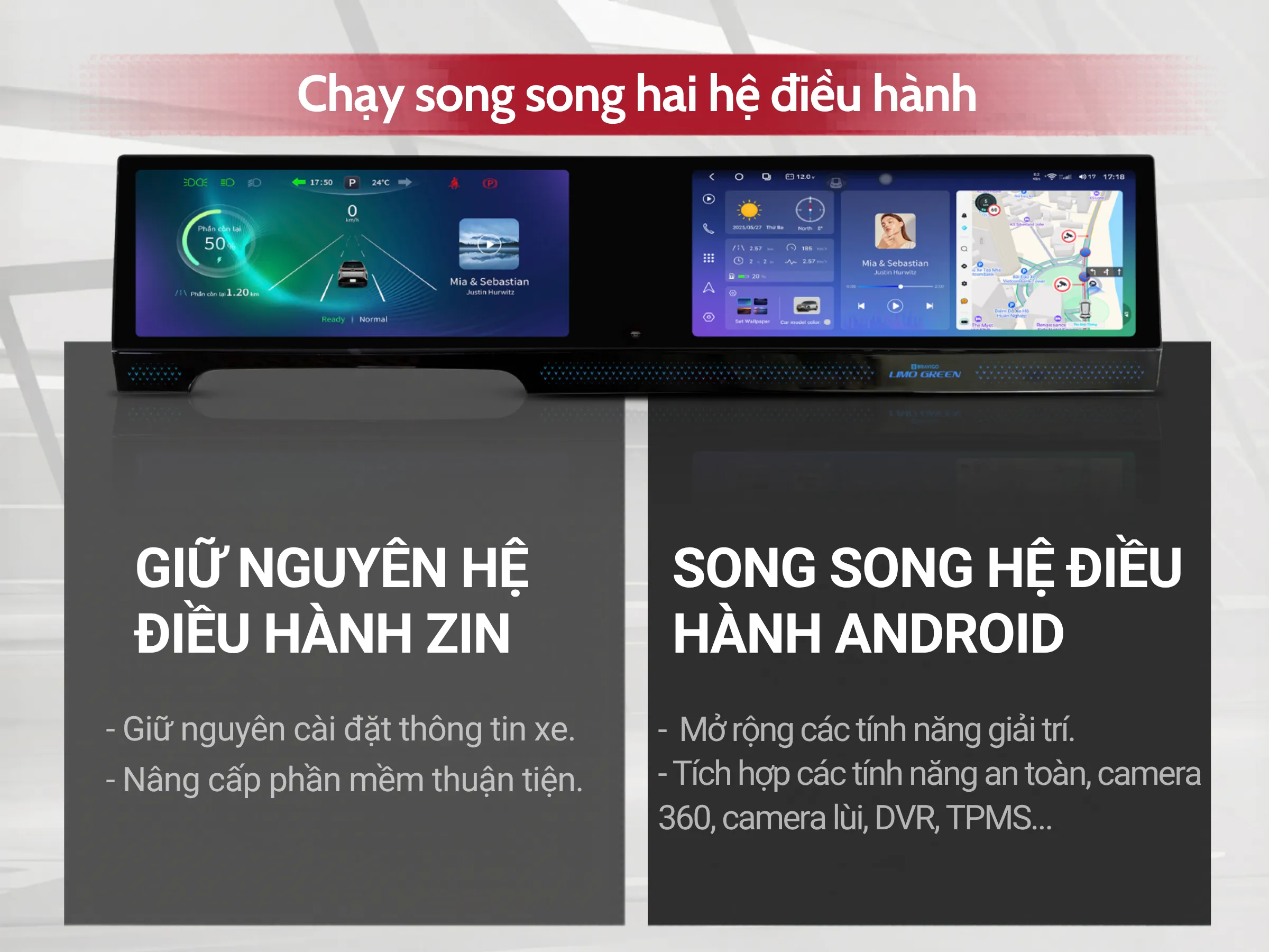 Bravigo Duo Max Limo Green & MPV7 21 Màn hình Android ô tô Duo Max Limo chạy song song hai hệ điều hành