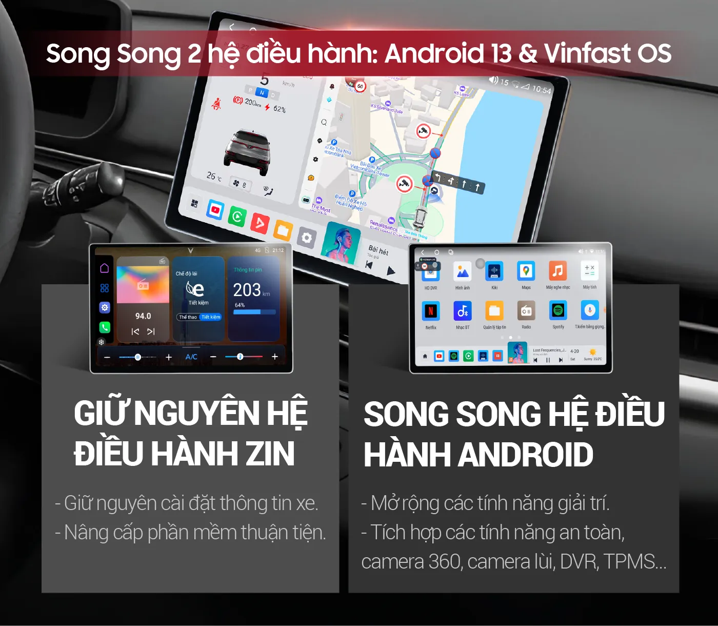 Màn hình Android ô tô VF5 Max chạy song song 2 hệ điều hành