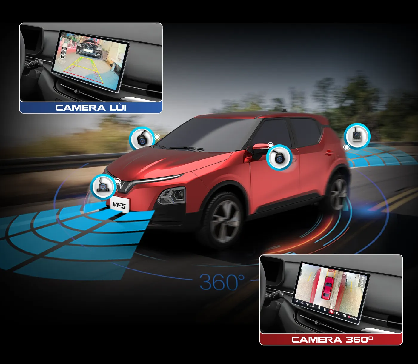 Màn hình Android ô tô VF5 Max hỗ trợ camera lùi, camera 360 độ