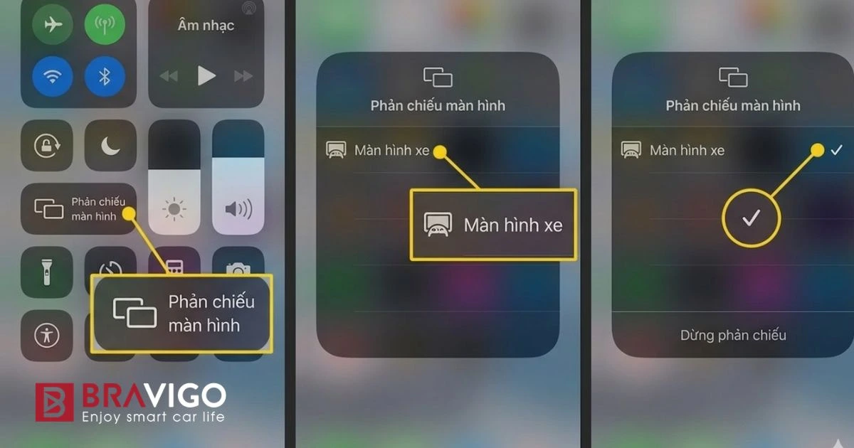 Phản chiều màn hình inphone lên màn hình ô tô