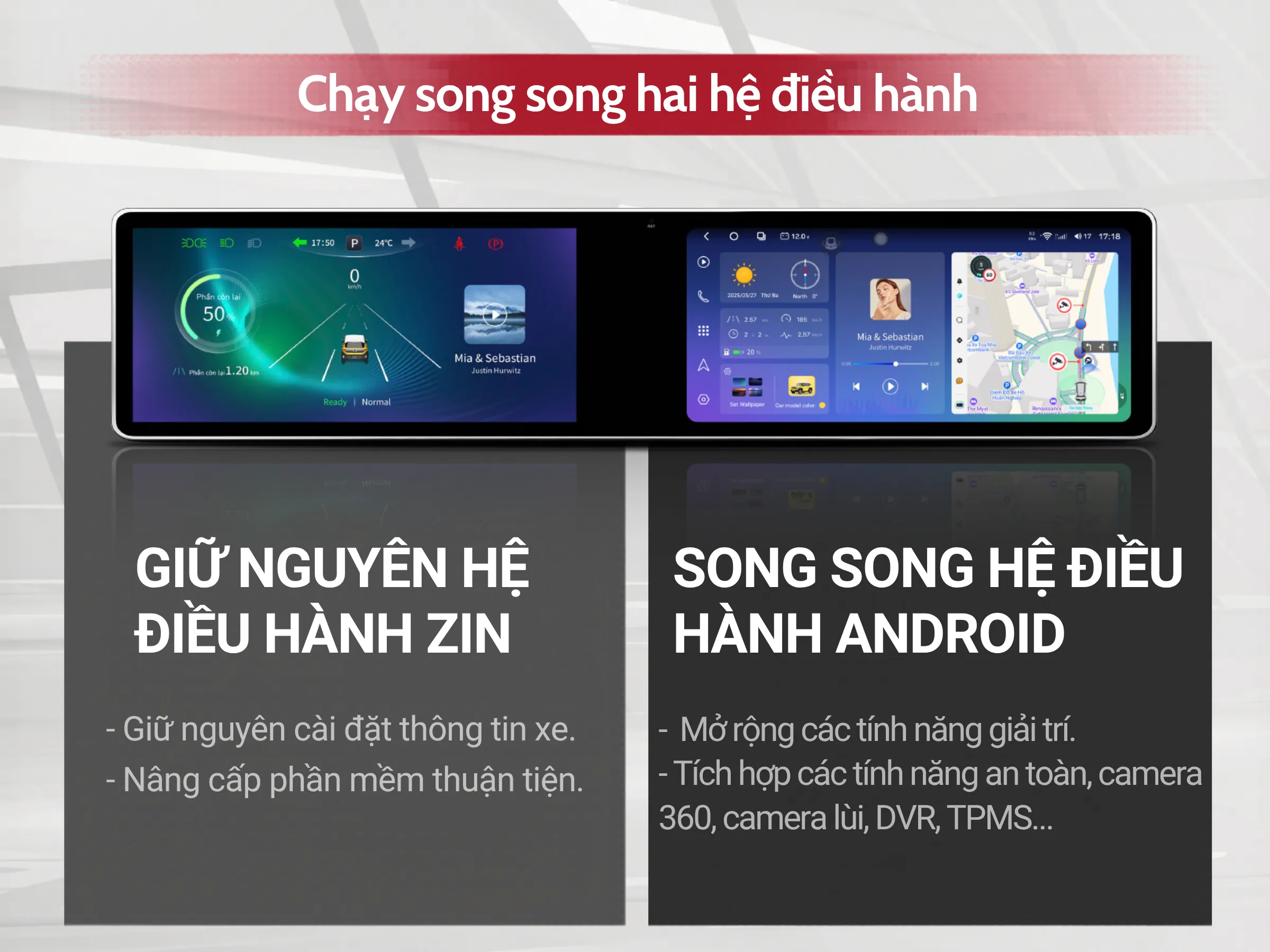 Màn hình Android ô tô Duo Max VF3 chạy song song hai hệ điều hành
