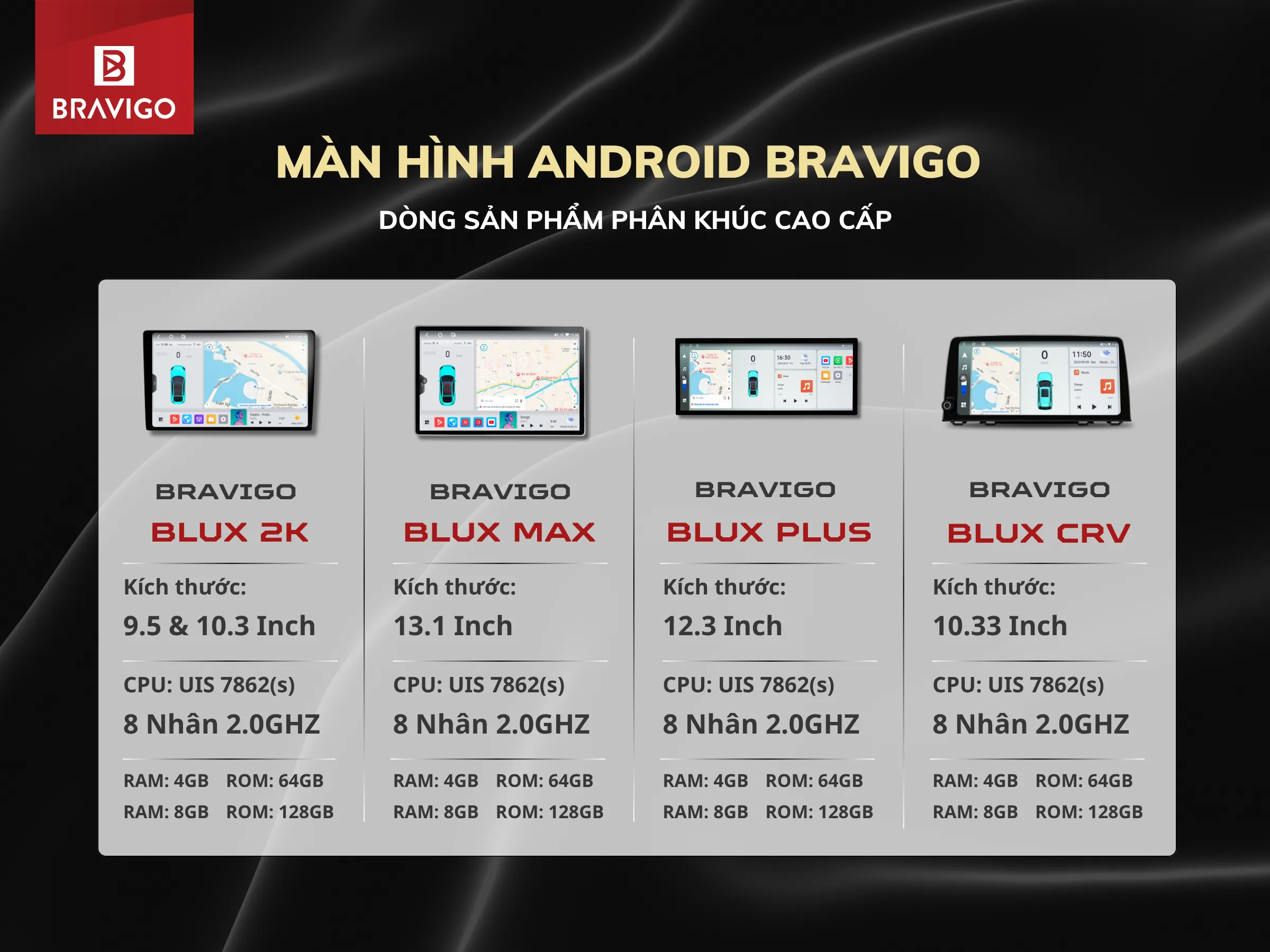 Lắp đặt màn hình android ô tô ở TP Hồ Chí Minh 3 Màn hình Android Bravigo dòng sản phẩm phân khúc cao cấp