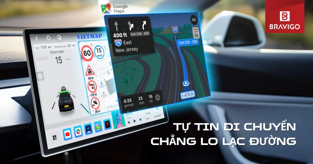 Màn hình Android ô tô tích hợp Google Maps và Vietmap Live